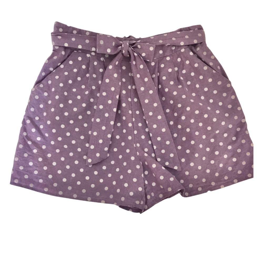Peach Love CA High Rise Mom Shorts Lavender Purple White Polka Dots Tie Waist